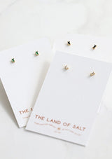 [Color: Clear:] Dainty 18k gold plated CZ clear baguette stud earrings. 