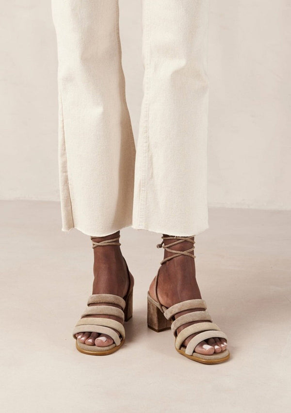 [Color: Beige] A classic fall strappy sandal crafted in  soft suede. Featuring strappy ankle ties, multiple front straps with a beige gradient, and a sturdy block heel. Designed in Barcelona. 