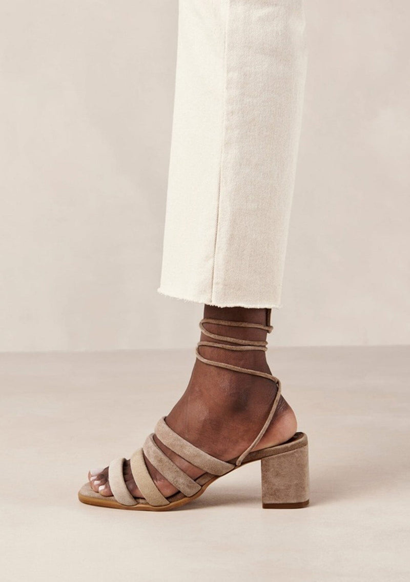 [Color: Beige] A classic fall strappy sandal crafted in soft suede. Featuring strappy ankle ties, multiple front straps with a beige gradient, and a sturdy block heel. Designed in Barcelona.