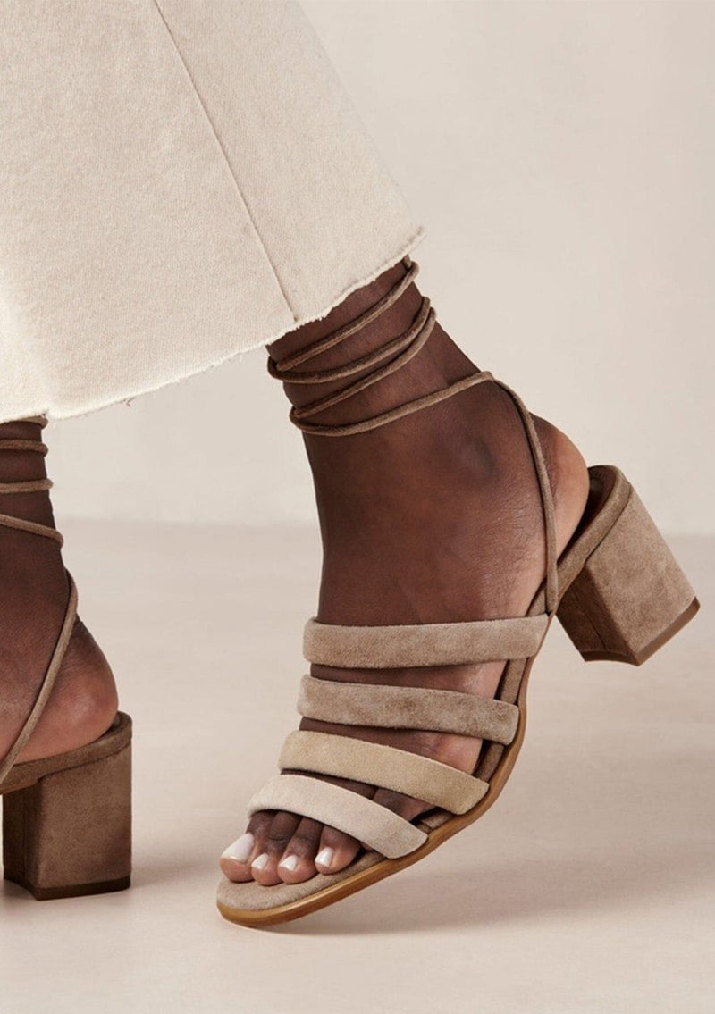 [Color: Beige] A classic fall strappy sandal crafted in soft suede. Featuring strappy ankle ties, multiple front straps with a beige gradient, and a sturdy block heel. Designed in Barcelona.