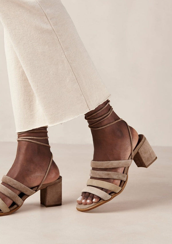 [Color: Beige] A classic fall strappy sandal crafted in soft suede. Featuring strappy ankle ties, multiple front straps with a beige gradient, and a sturdy block heel. Designed in Barcelona.