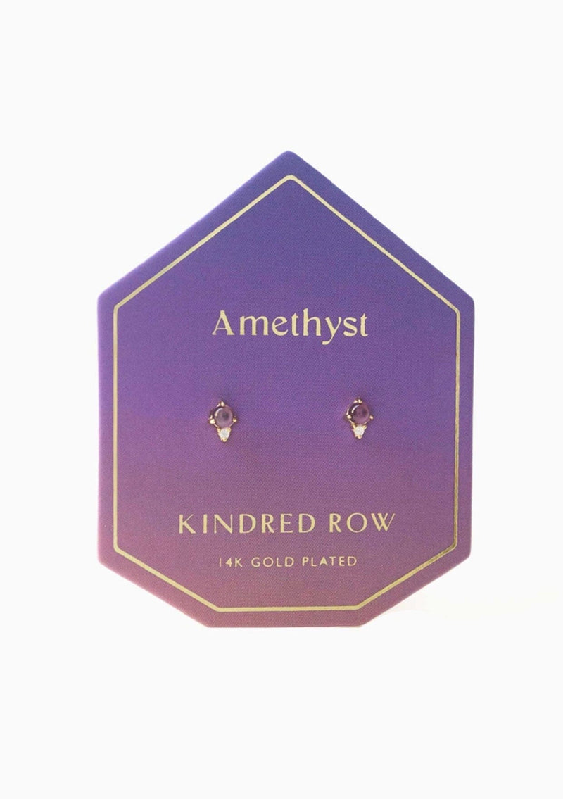 [Color: Amethyst] Dainty purple amethyst and cz stone 14k gold-plated earrings. Designed by Kindred Row.