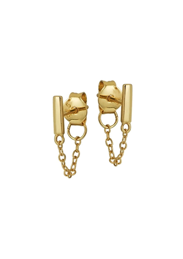 Dainty 18k gold plated bar stud earrings with a chain. 