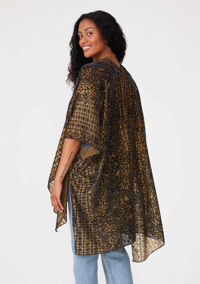 Women's Boho Gold Kimono With Velvet Burnout Design