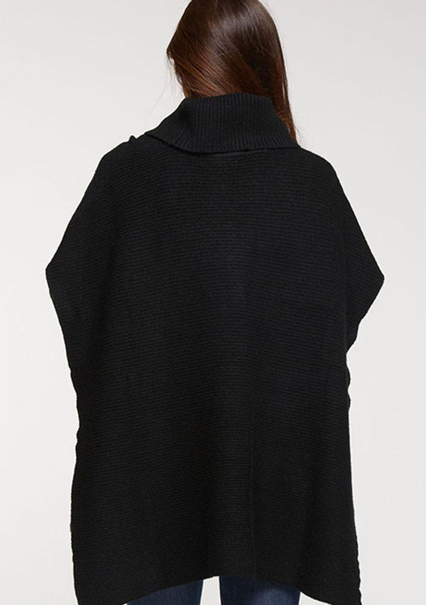 [Color: Black] A cable knit front tunic sweater poncho. 