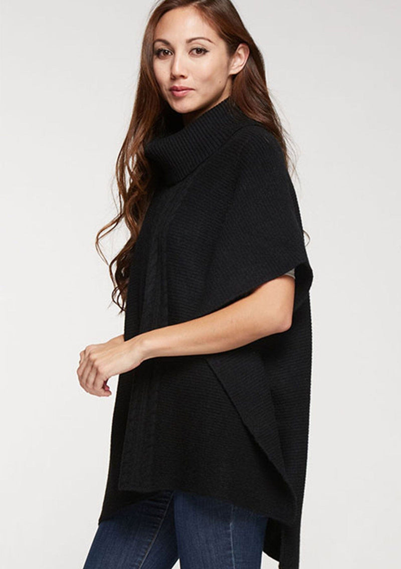 [Color: Black] A cable knit front tunic sweater poncho. 