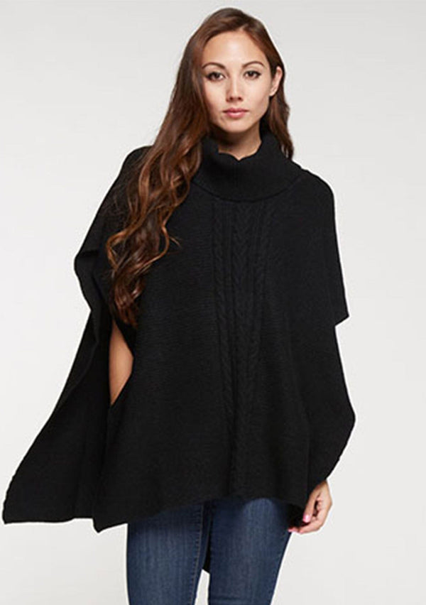 [Color: Black] A cable knit front tunic sweater poncho. 