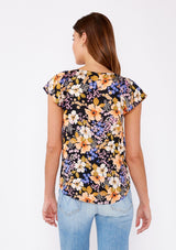 [Color: Black/Dusty Coral] A brunette woman wearing an all over floral print top with lace trim v neckline. A black and purple top with a ruffle trim detail and flutter short sleeves. The perfect day to night top styled with denim jeans.