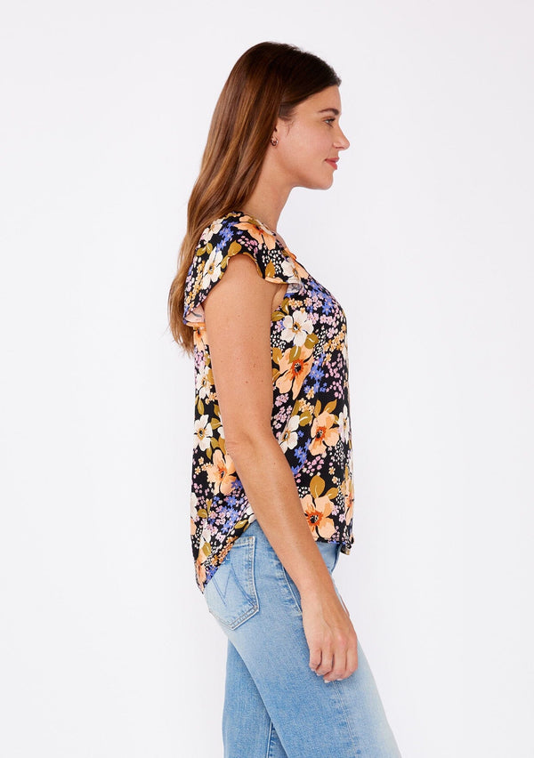 [Color: Black/Dusty Coral] A brunette woman wearing an all over floral print top with lace trim v neckline. A black and purple top with a ruffle trim detail and flutter short sleeves. The perfect day to night top styled with denim jeans.