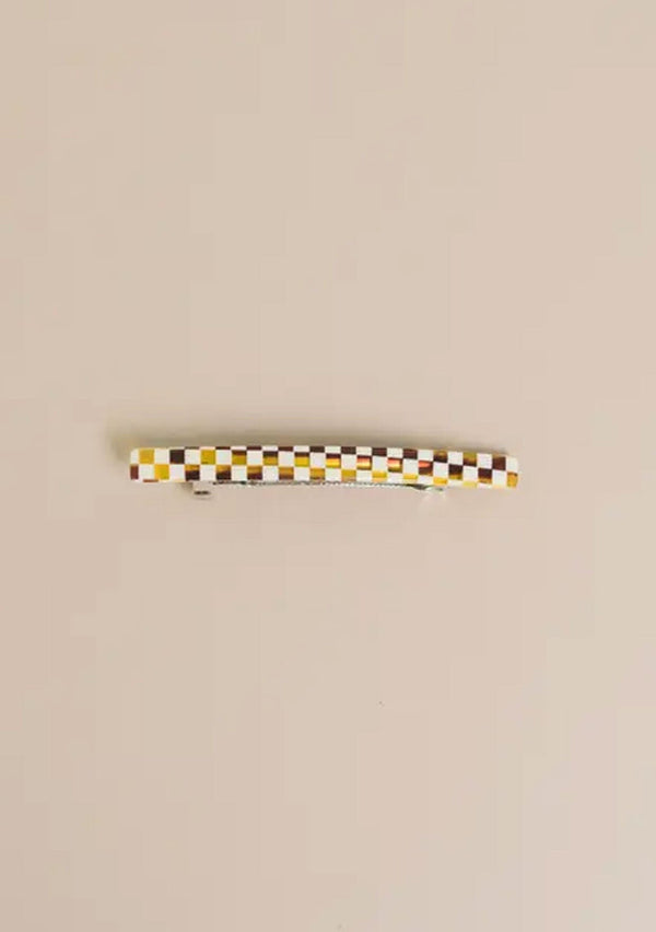 [Color: Brown Checkered] A brown and cream checkered French style barrette. 