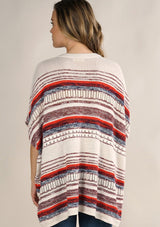 [Color: Cream/Red] A lightweight bohemian sweater poncho pullover top in a mixed stripe. With short sleeves, a v neckline, and a relaxed fit. 