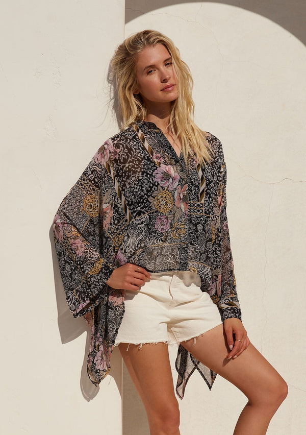 Olivia Blouse Bohemian Cropped Style Embroidered Shirred Waist – Tonketti