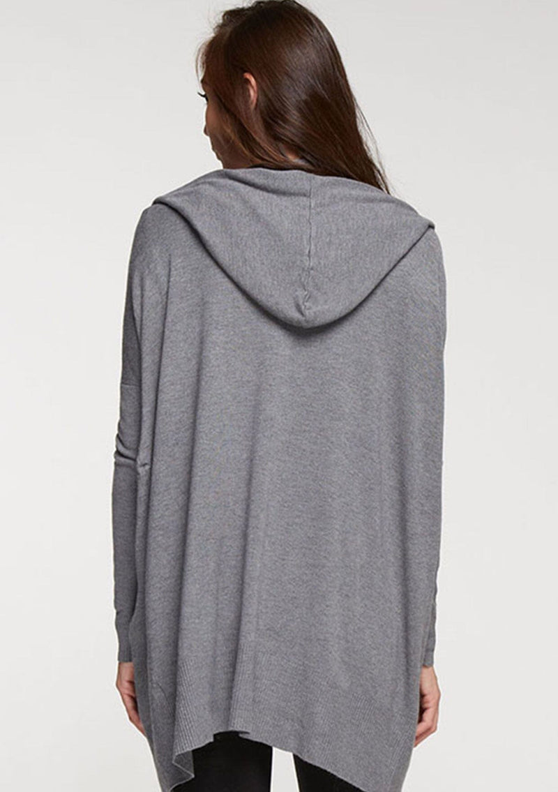 [Color: Heather Charcoal] A soft knit grey cardigan with an open front, a hoodie, and two side pockets. 