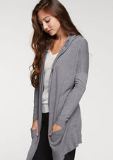 [Color: Heather Charcoal] A soft knit grey cardigan with an open front, a hoodie, and two side pockets. 