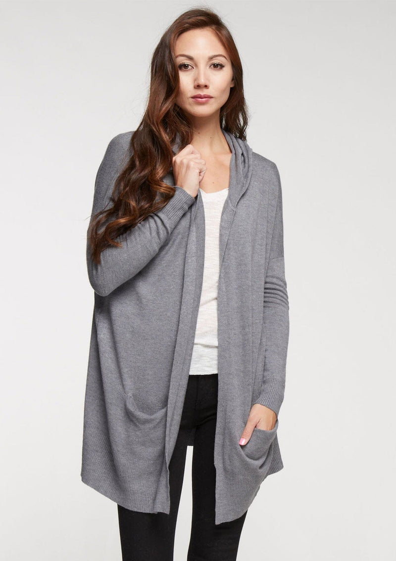 [Color: Heather Charcoal] A soft knit grey cardigan with an open front, a hoodie, and two side pockets. 