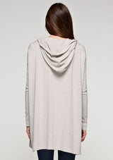 [Color: Heather Stone] A soft knit grey cardigan with an open front, a hoodie, and two side pockets. 