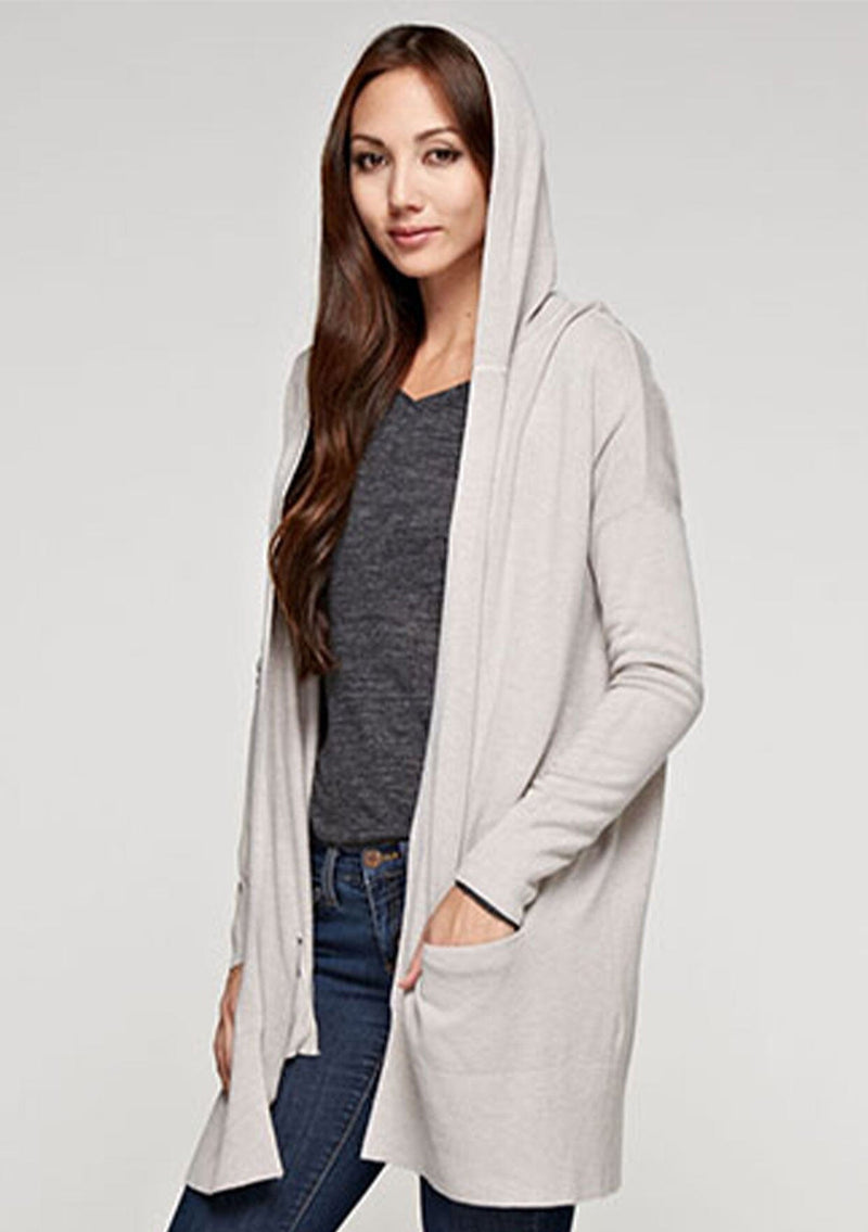 [Color: Heather Stone] A soft knit grey cardigan with an open front, a hoodie, and two side pockets. 