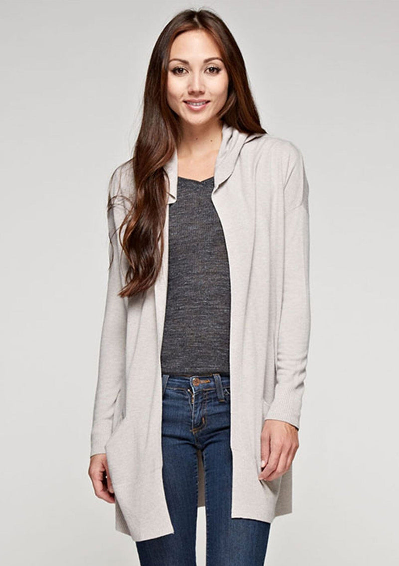 [Color: Heather Stone] A soft knit grey cardigan with an open front, a hoodie, and two side pockets. 