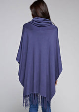 [Color: Indigo Blue] A classic bohemian fringed sweater poncho with oversized cowl neckline. 