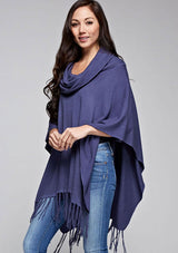 [Color: Indigo Blue] A classic bohemian fringed sweater poncho with oversized cowl neckline. 