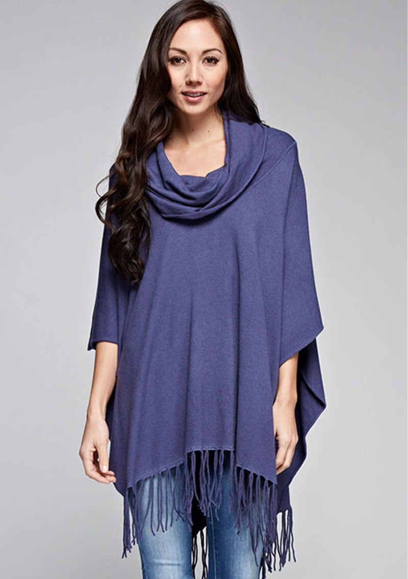 [Color: Indigo Blue] A classic bohemian fringed sweater poncho with oversized cowl neckline. 