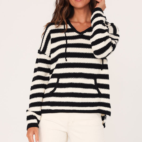 Women's Classic Black & White Striped Knit Hoodie | LOVESTITCH