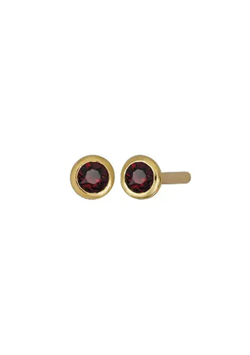 [Color: January] Dainty red 18k gold plated bezel set birthstone earrings.