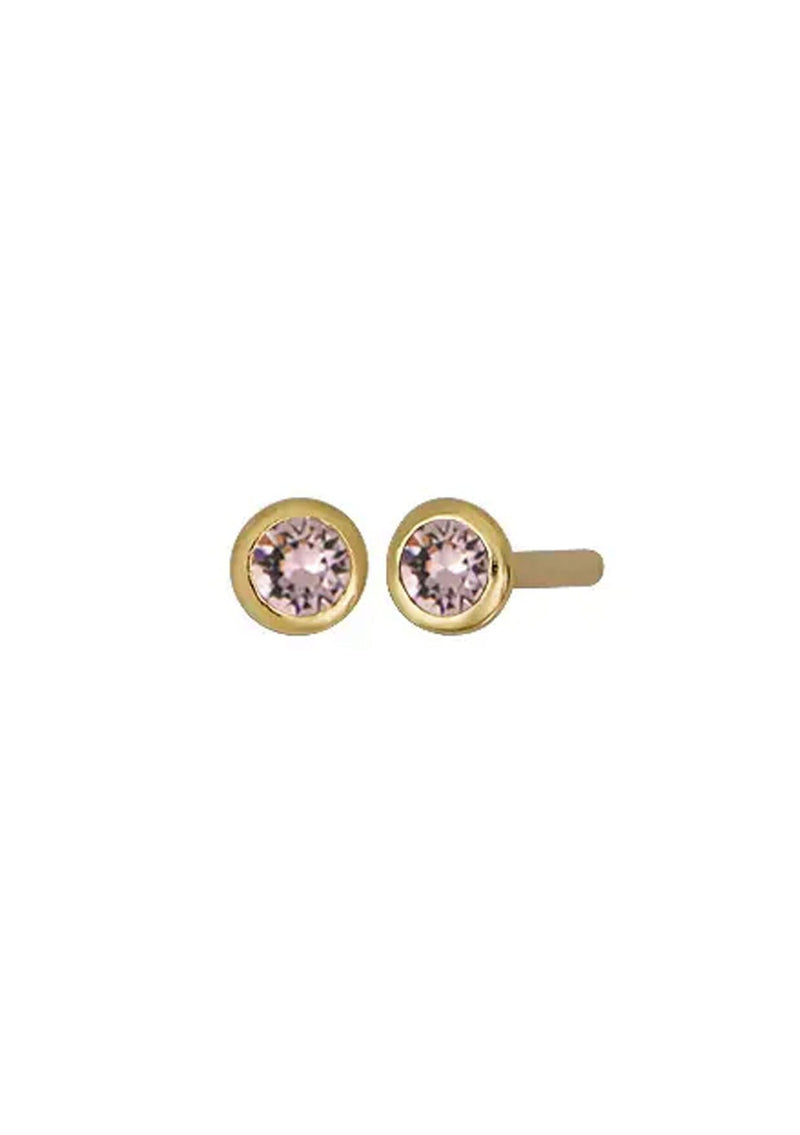 [Color: June] Dainty light pink 18k gold plated bezel set birthstone earrings.