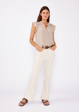 [Color: Stone] Shop this light tan flutter sleeve summer top with sophisticated chic details. Make it a cute pre fall outfit by pairing it with cream denim and a brown belt.