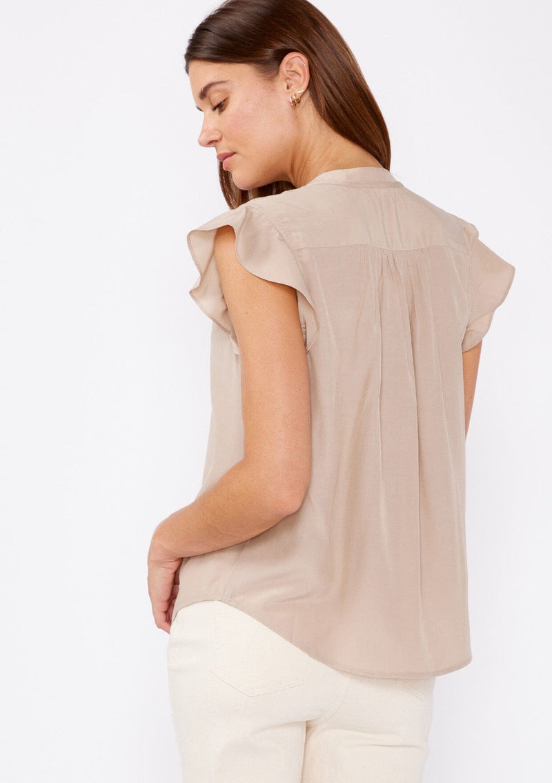 [Color: Stone] Shop this light tan flutter sleeve summer top with sophisticated chic details. Make it a cute pre fall outfit by pairing it with cream denim and a brown belt.