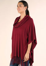 [Color: Merlot] A classic bohemian fringed sweater poncho with oversized cowl neckline. 