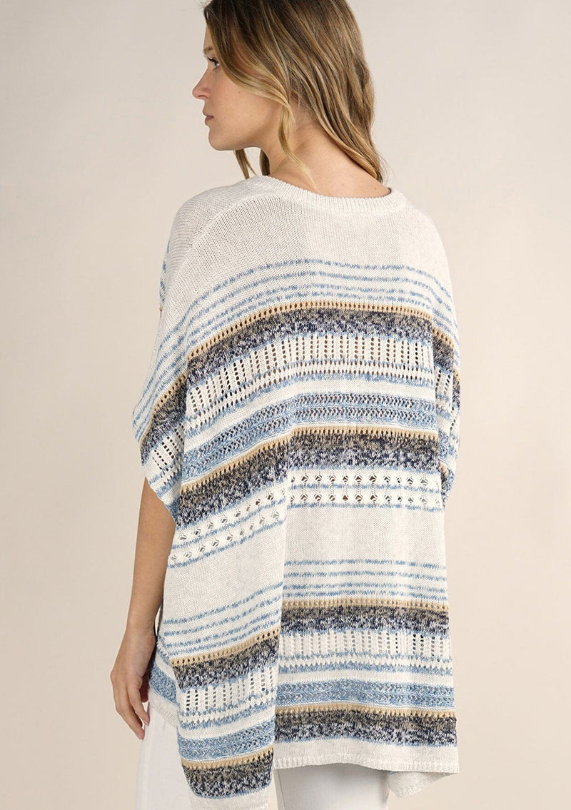 [Color: Oatmeal/Blue] A lightweight bohemian sweater poncho pullover top in a mixed stripe. With short sleeves, a v neckline, and a relaxed fit. 