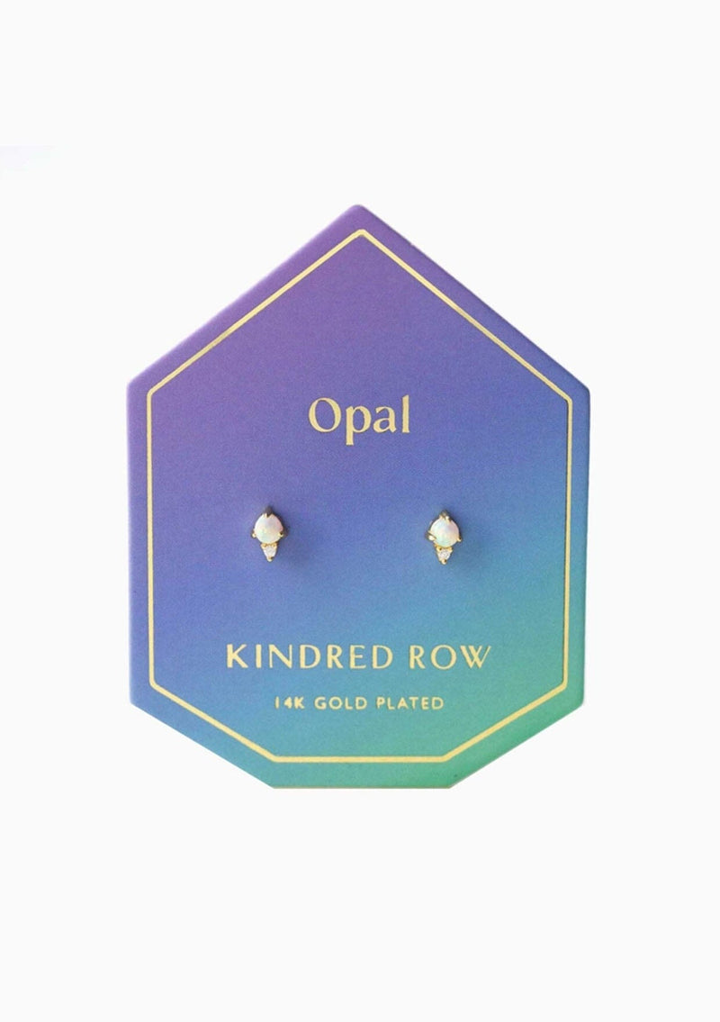 [Color: Opal] Dainty opal and cz stone 14k gold-plated earrings. Designed by Kindred Row.