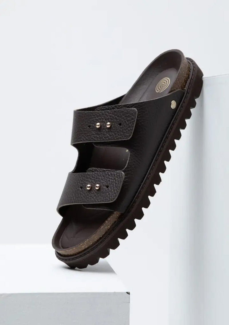 [Color: Dark Brown] Brown leather sandals slides with foam sole and two adjustable buckles.