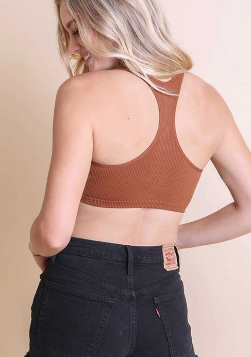 [Color: Copper] A comfortable brown stretchy ribbed knit top with a racer back.