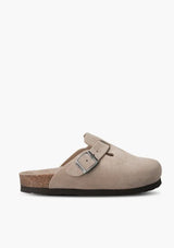 [Color: Taupe] Light brown velour clogs with cork and foam insole and silver buckle strap.