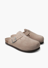 [Color: Taupe] Light brown velour clogs with cork and foam insole and silver buckle strap.