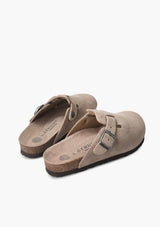 [Color: Taupe] Light brown velour clogs with cork and foam insole and silver buckle strap.