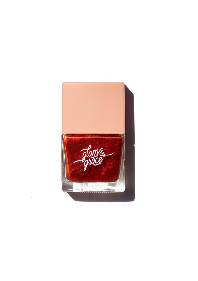 [Color: Scarlet] Non-toxic nail polish with a matte, satin sheen finish. Formulated by Glam & Grace.