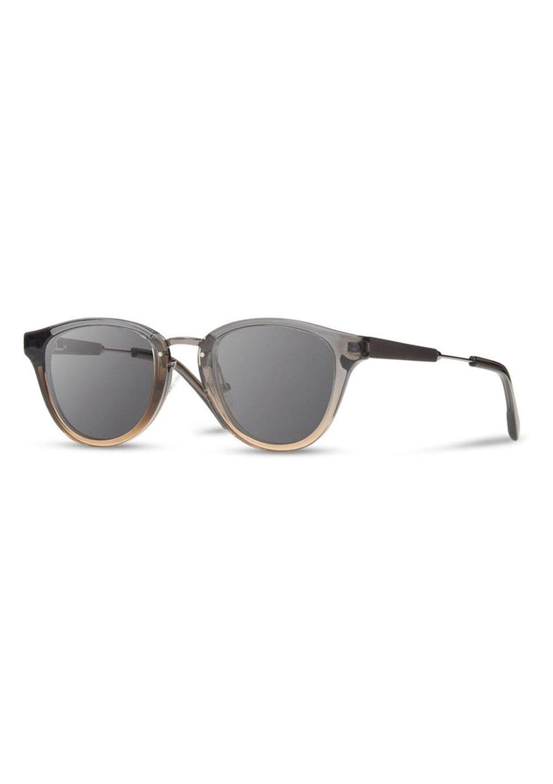 [Color: Harbor Fade] Sustainable, vintage style acetate sunglasses with real wood inlays and light grey lenses.