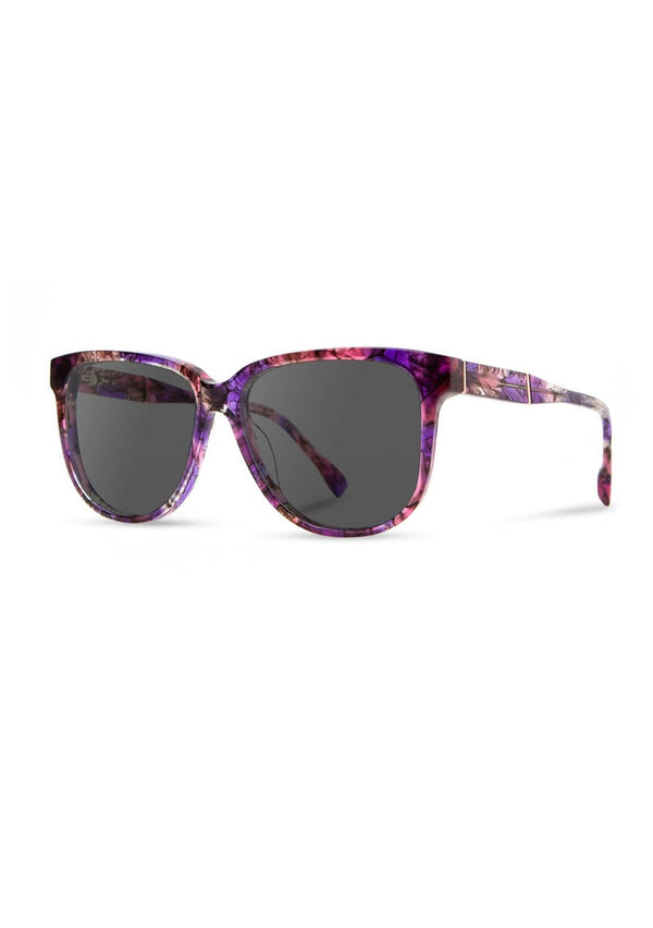 [Color: Amethyst] Round, oversize acetate sunglasses with a purple abstract design.