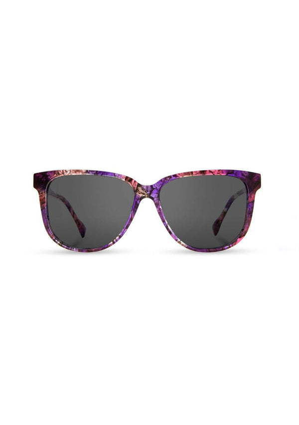 [Color: Amethyst] Round, oversize acetate sunglasses with a purple abstract design.