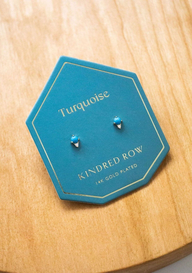 [Color: Turquosie] Dainty moonstone and cz stone 14k gold-plated earrings. Designed by Kindred Row.