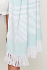 [Color: Mint/White Stripe] A mint stripe cotton beach towel with fringe accents. Perfect for lounging by the beach or drying off. 