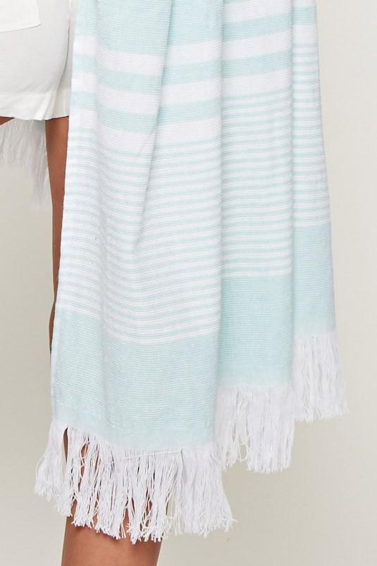 [Color: Mint/White Stripe] A mint stripe cotton beach towel with fringe accents. Perfect for lounging by the beach or drying off. 