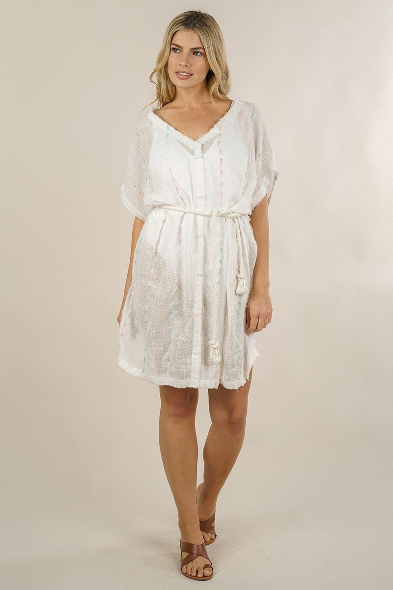 [Color: Off White] A lightweight beach caftan in a yarn stripe. Featuring a self tie rope belt, a cool unfinished hemline, and a flattering v neckline.