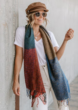 [Color: Multi] A multi color scarf featuring a fringe trim. 