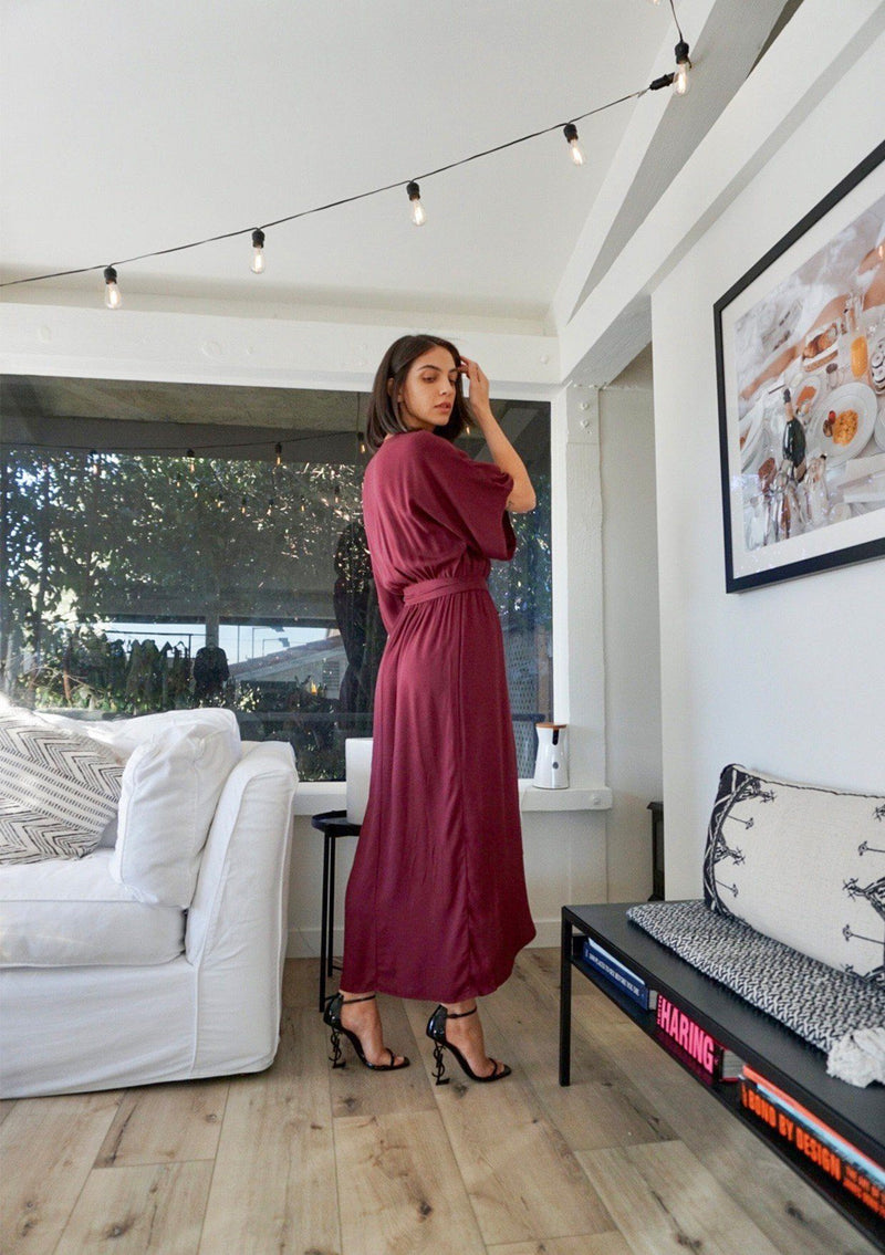 [Color: Wine] A kimono wrap maxi dress. Featuring short kimono sleeves, a waist defining self tie belt, and a flattering wrap front. A sophisticated and classic style that can be dressed up for special occasions or dressed down for a more casual vibe. 