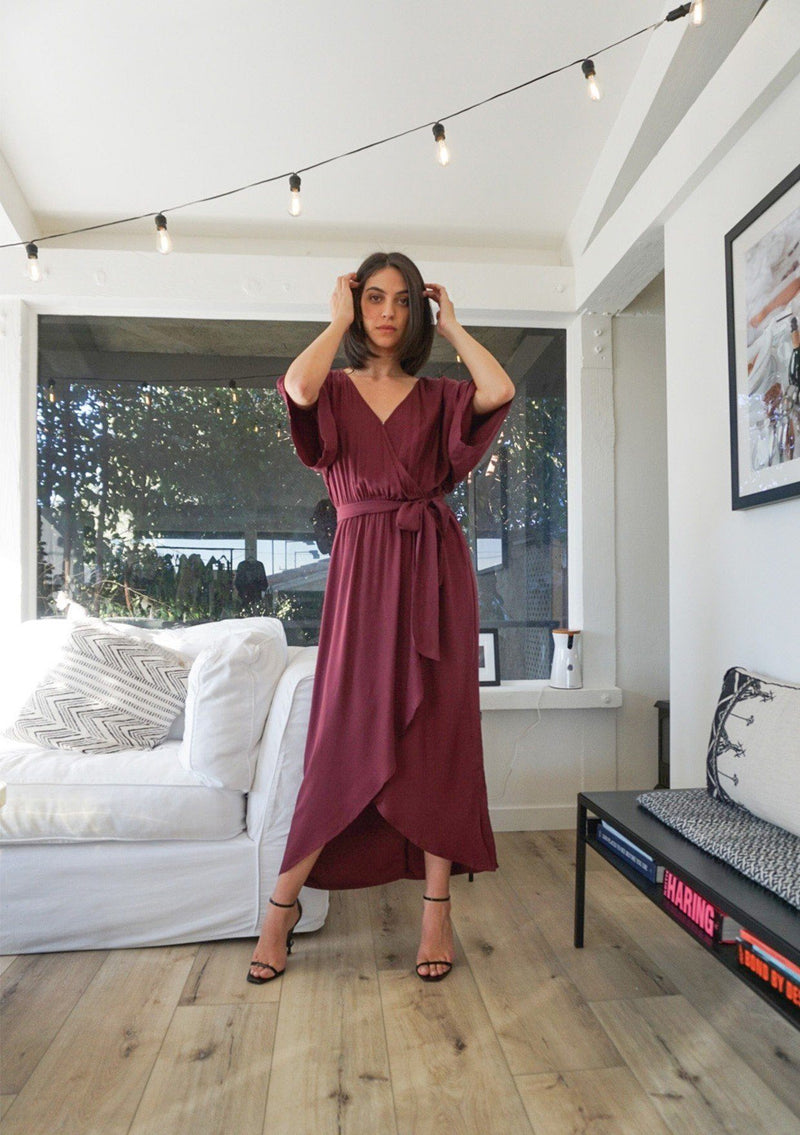 [Color: Wine] A kimono wrap maxi dress. Featuring short kimono sleeves, a waist defining self tie belt, and a flattering wrap front. A sophisticated and classic style that can be dressed up for special occasions or dressed down for a more casual vibe. 