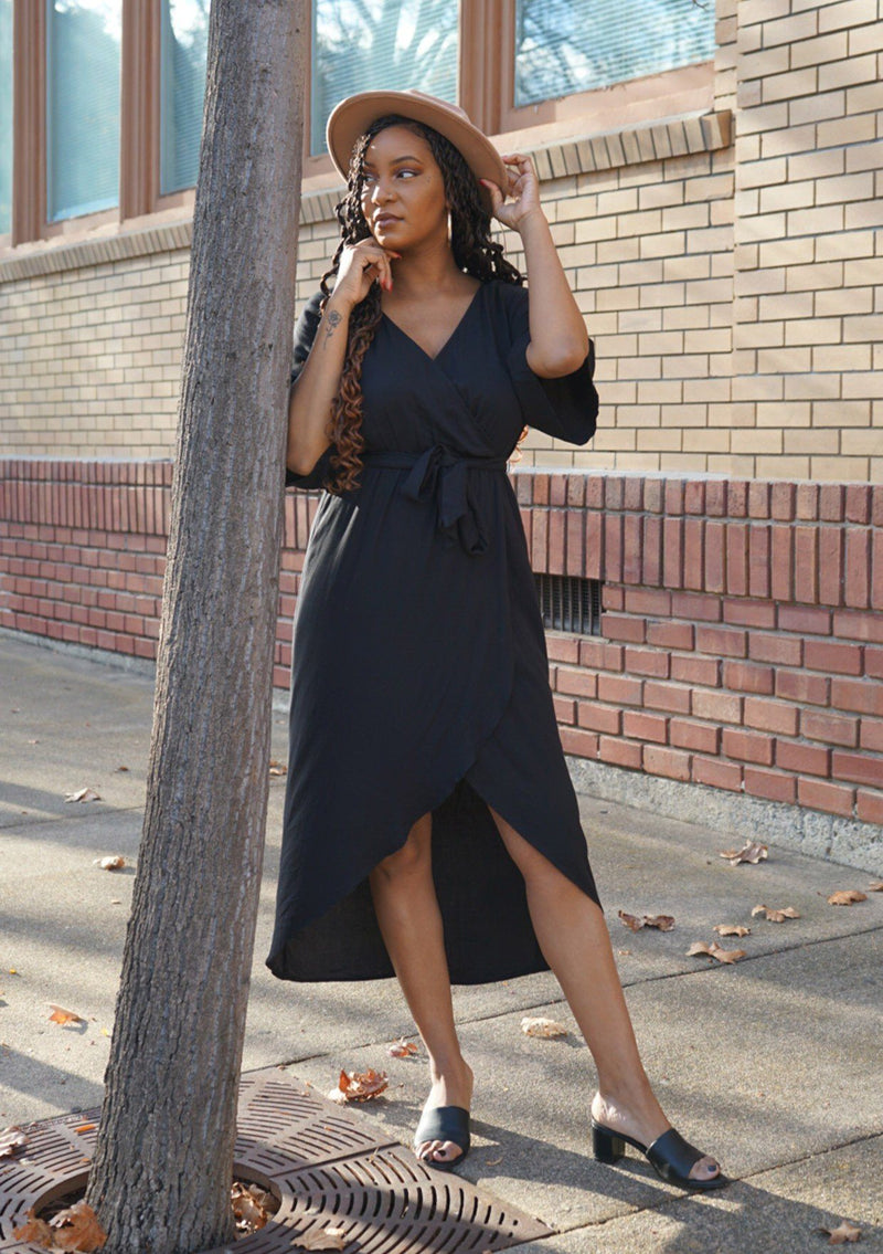 [Color: Black] A kimono wrap maxi dress. Featuring short kimono sleeves, a waist defining self tie belt, and a flattering wrap front. A sophisticated and classic style that can be dressed up for special occasions or dressed down for a more casual vibe. 